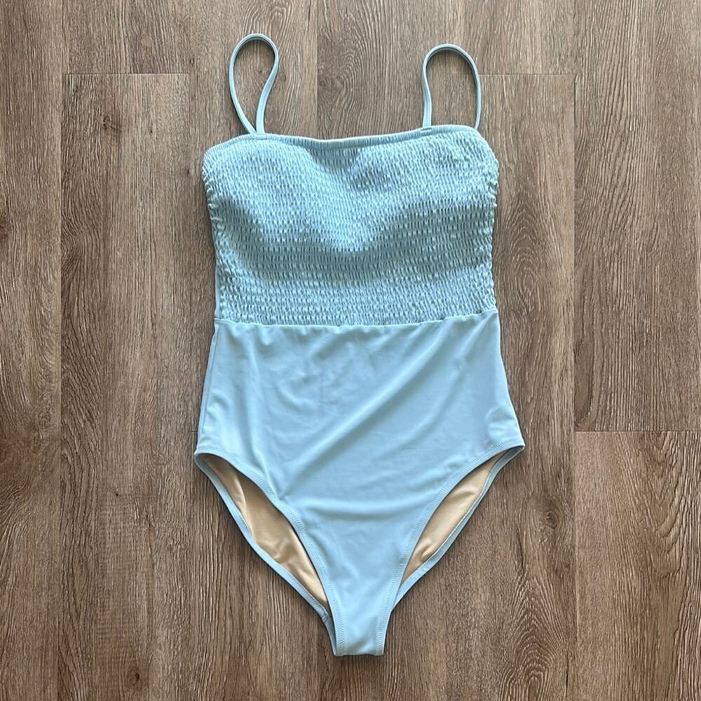 Old Navy Smocked Bandeau Light Blue One-Piece Swimsuit Medium